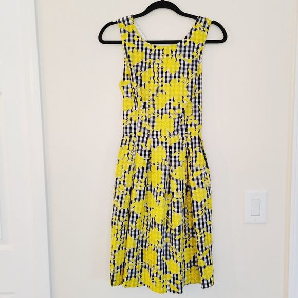 1901 Dresses & Skirts - 1901 Yellow & Black Gingham Floral Embroidered Pleated Dress NWT Size 4